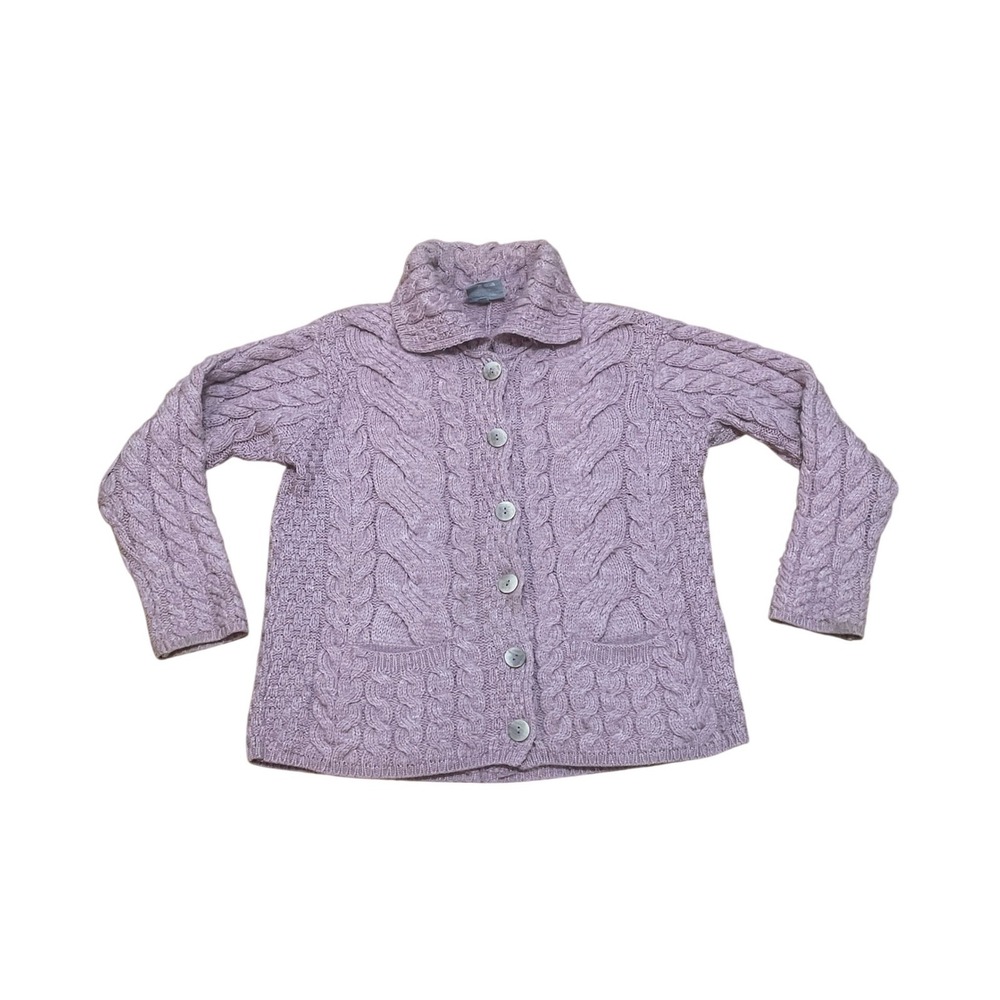 Aran Woollen Mills Women's M Lilac Pink Soft Merino Wool Cable Knit Cardigan